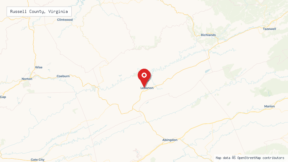 Street map of Russell County, Virginia with location pin