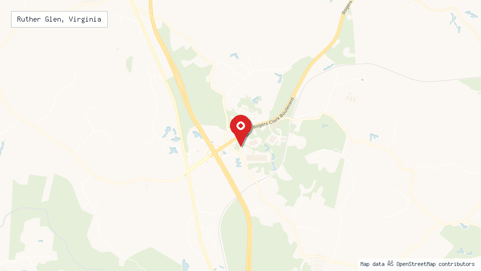 Street map of Ruther Glen, Virginia with location pin