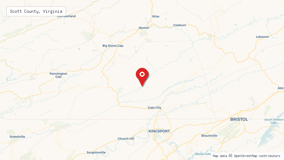 Street map of Scott County, Virginia with location pin