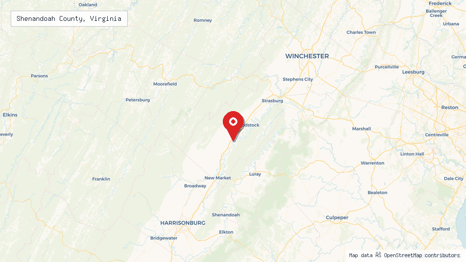 Street map of Shenandoah County, Virginia with location pin