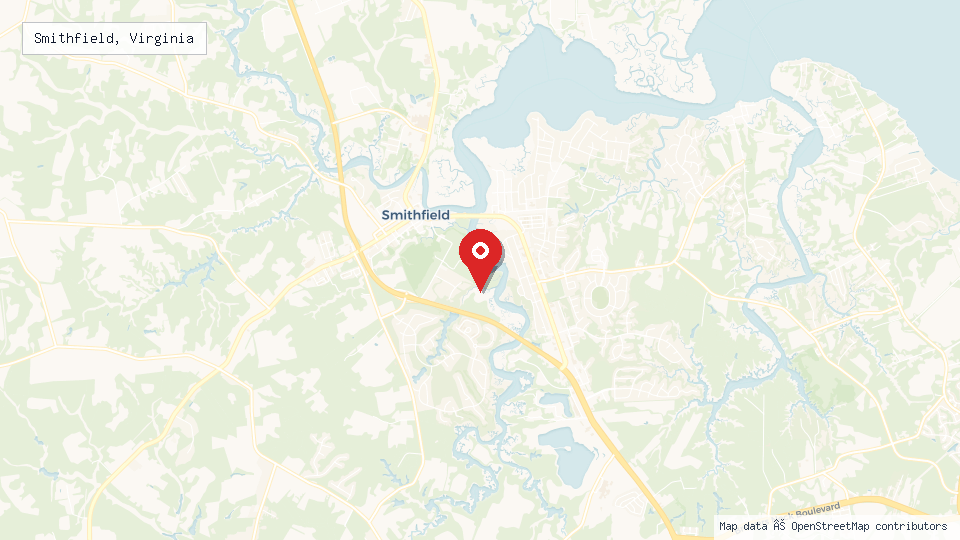 Street map of Smithfield, Virginia with location pin