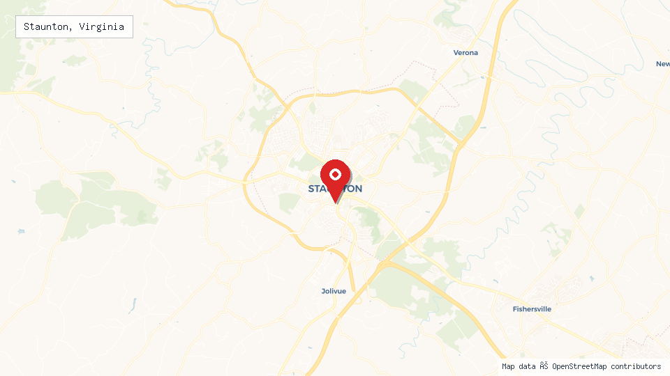 Street map of Staunton, Virginia with location pin