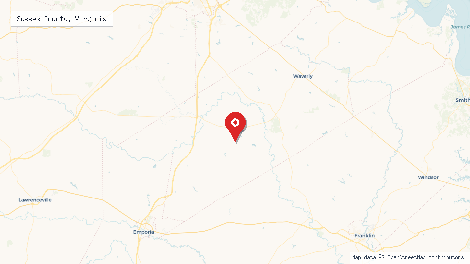 Street map of Sussex County, Virginia with location pin
