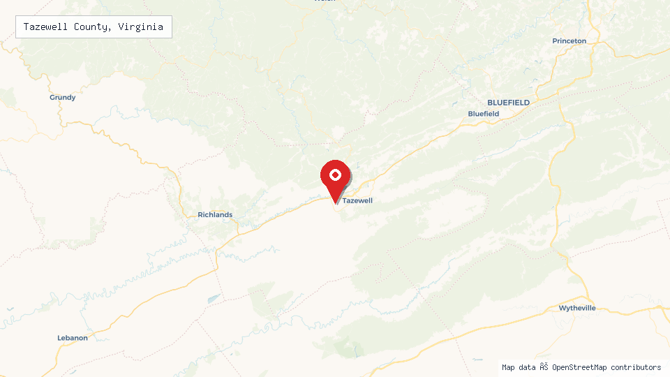 Street map of Tazewell County, Virginia with location pin