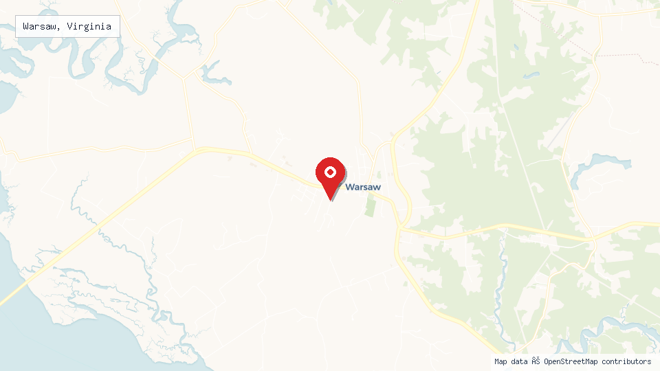 Street map of Warsaw, Virginia with location pin