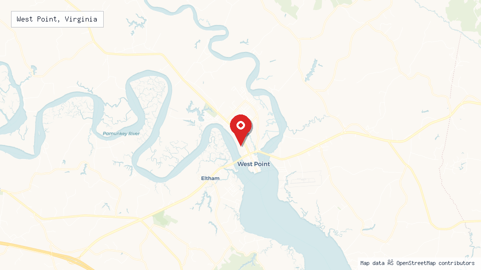 Street map of West Point, Virginia with location pin