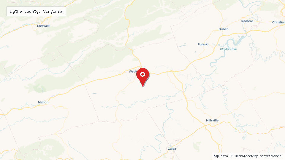 Street map of Wythe County, Virginia with location pin
