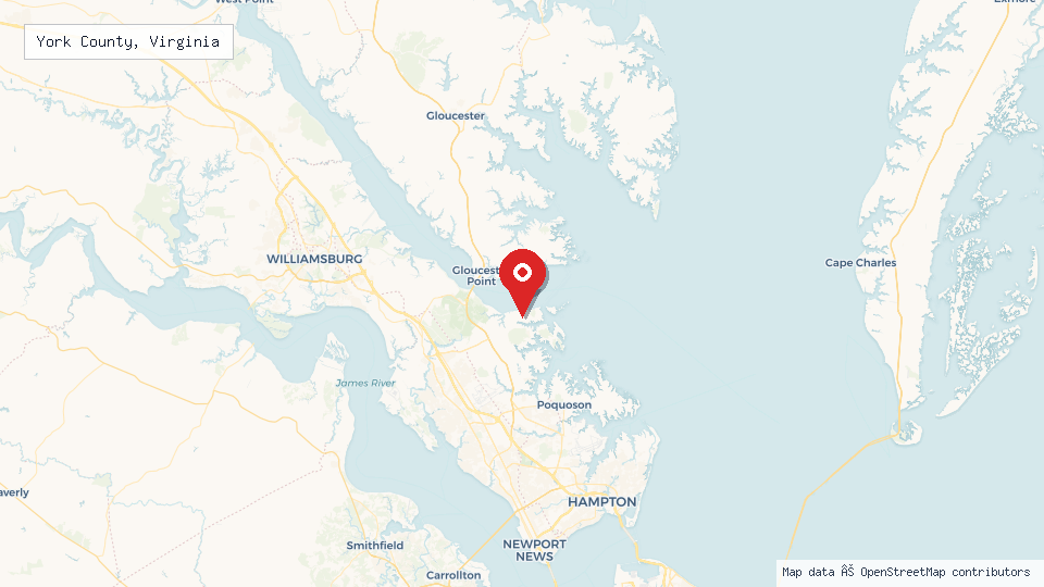 Street map of York County, Virginia with location pin
