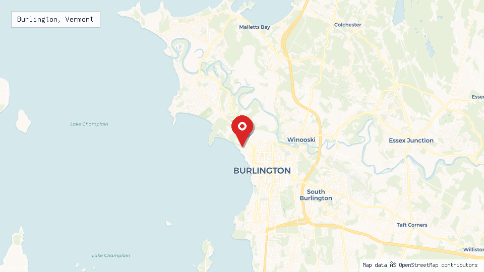 Street map of Burlington, Vermont with location pin