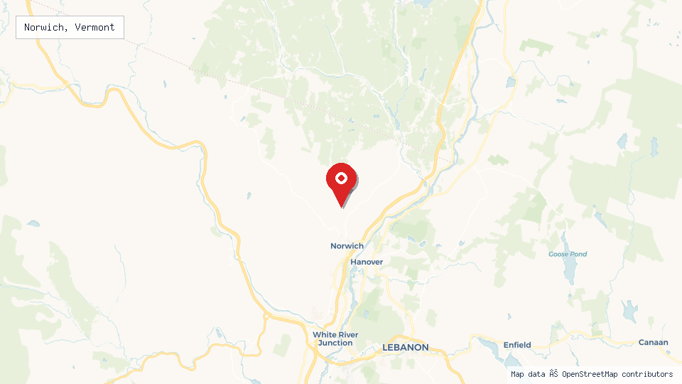 Street map of Norwich, Vermont with location pin