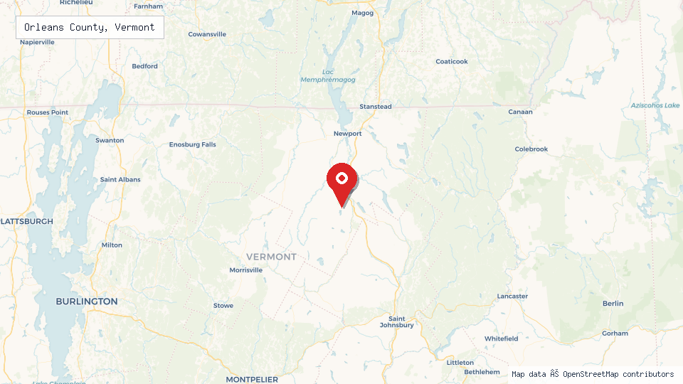 Street map of Orleans County, Vermont with location pin