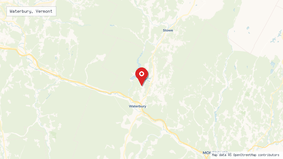 Street map of Waterbury, Vermont with location pin