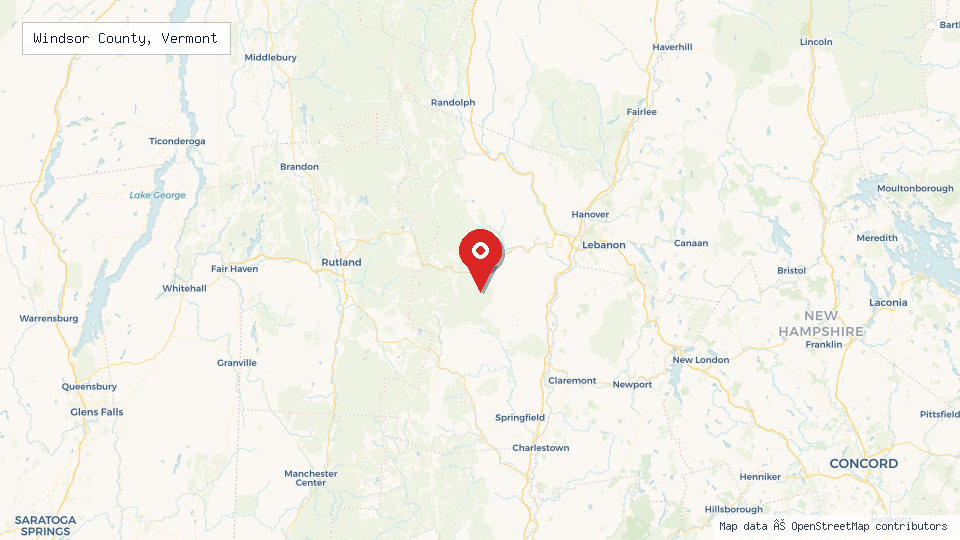 Street map of Windsor County, Vermont with location pin