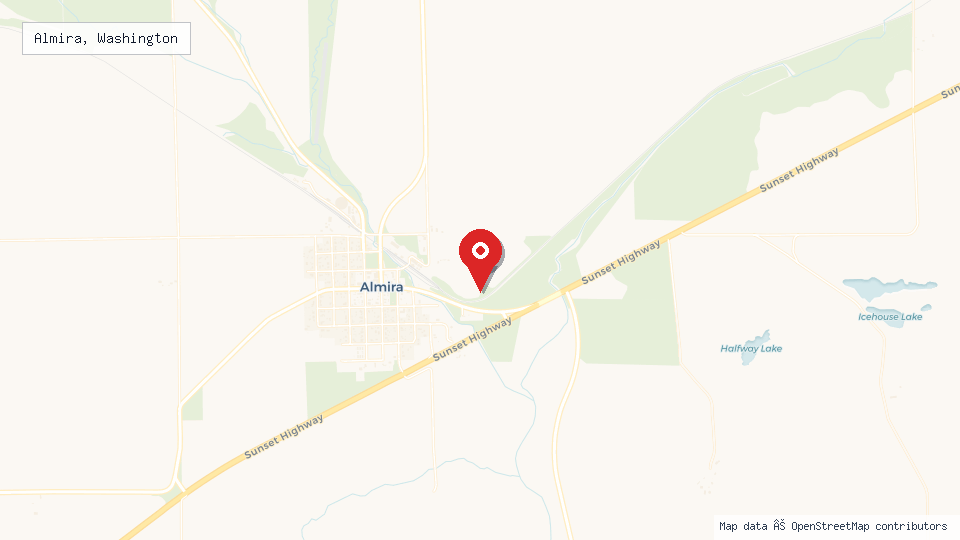 Street map of Almira, Washington with location pin