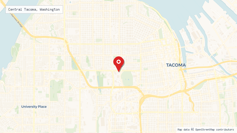 Street map of Central Tacoma, Washington with location pin