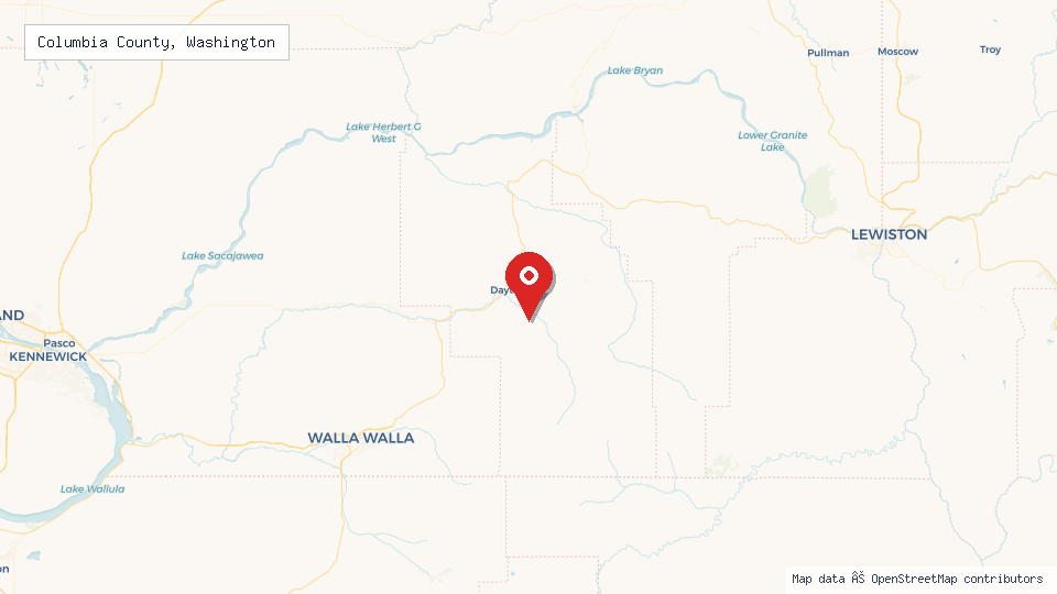 Street map of Columbia County, Washington with location pin