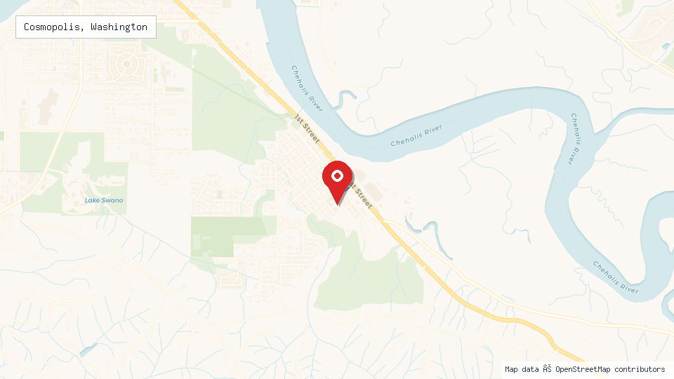 Street map of Cosmopolis, Washington with location pin