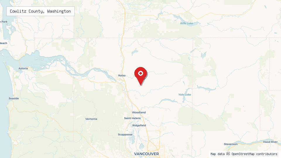 Street map of Cowlitz County, Washington with location pin