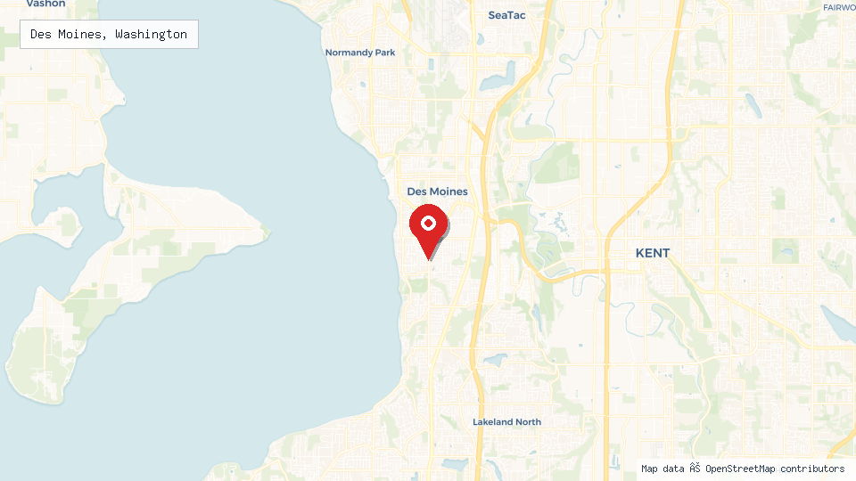 Street map of Des Moines, Washington with location pin