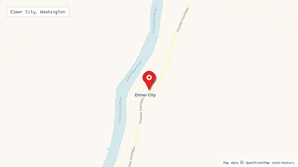 Street map of Elmer City, Washington with location pin