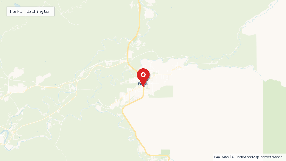 Street map of Forks, Washington with location pin