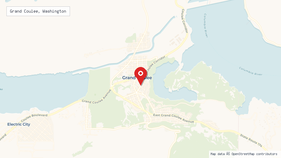 Street map of Grand Coulee, Washington with location pin