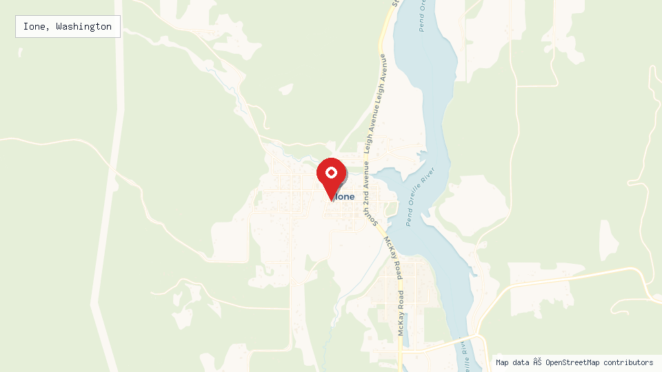 Street map of Ione, Washington with location pin