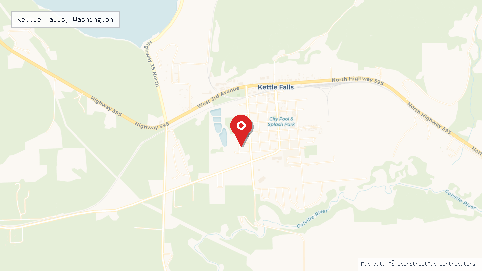 Street map of Kettle Falls, Washington with location pin