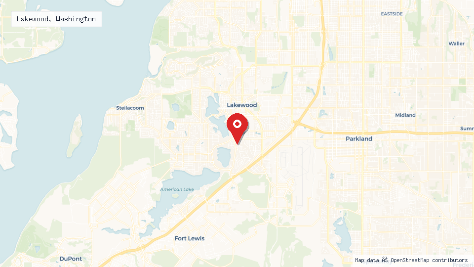 Street map of Lakewood, Washington with location pin