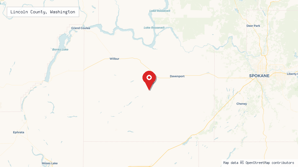 Street map of Lincoln County, Washington with location pin