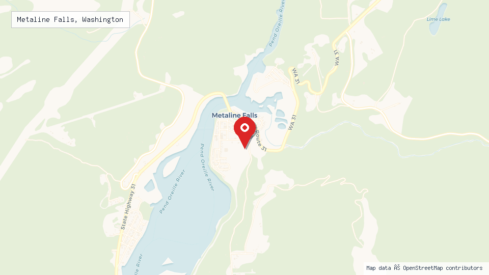 Street map of Metaline Falls, Washington with location pin