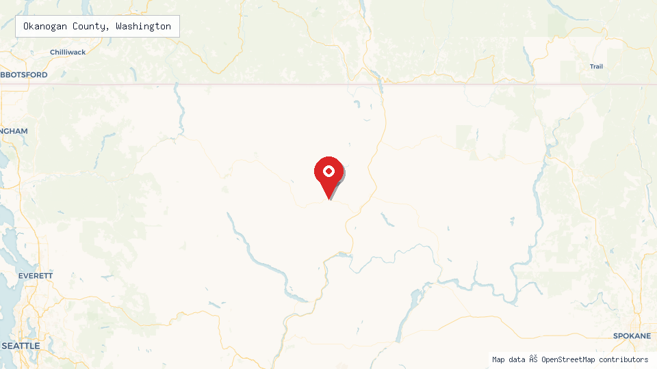 Street map of Okanogan County, Washington with location pin