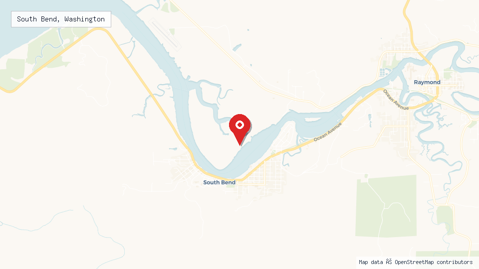 Street map of South Bend, Washington with location pin