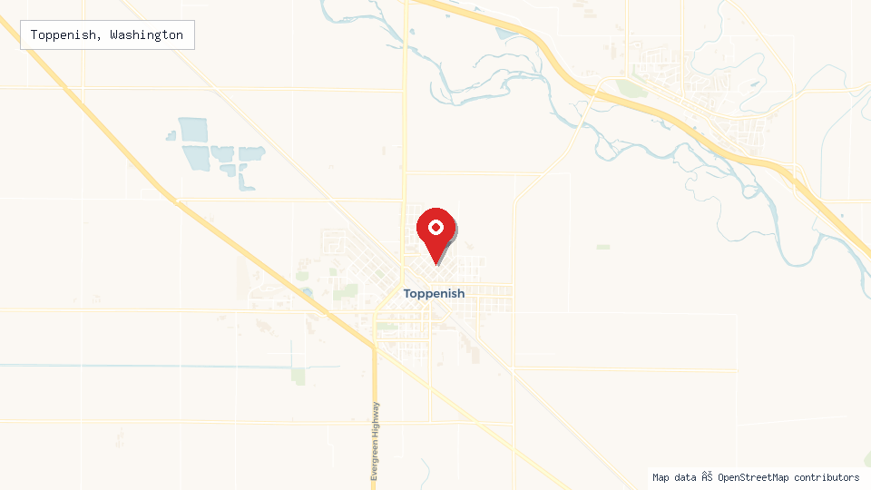 Street map of Toppenish, Washington with location pin