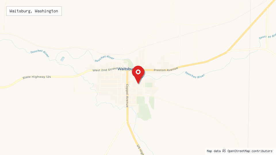 Street map of Waitsburg, Washington with location pin