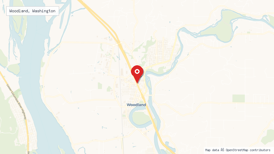 Street map of Woodland, Washington with location pin