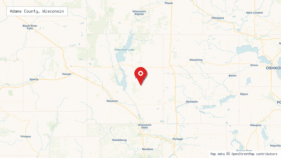 Street map of Adams County, Wisconsin with location pin