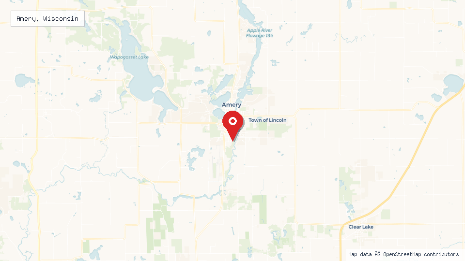 Street map of Amery, Wisconsin with location pin