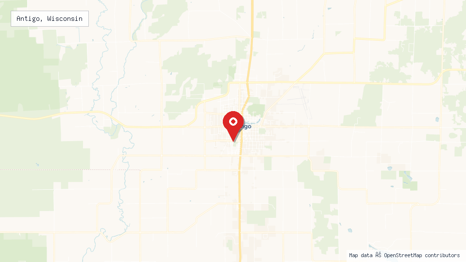 Street map of Antigo, Wisconsin with location pin