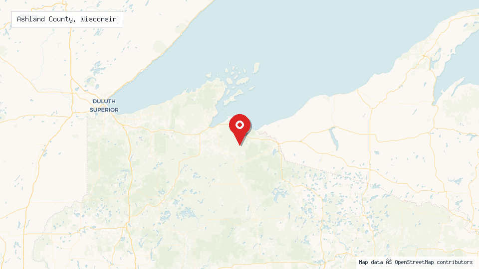 Street map of Ashland County, Wisconsin with location pin