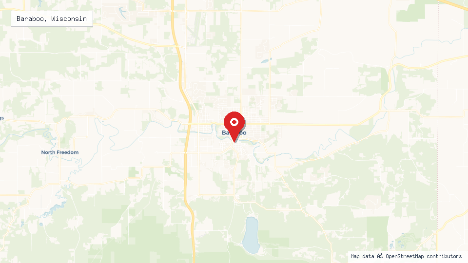 Street map of Baraboo, Wisconsin with location pin