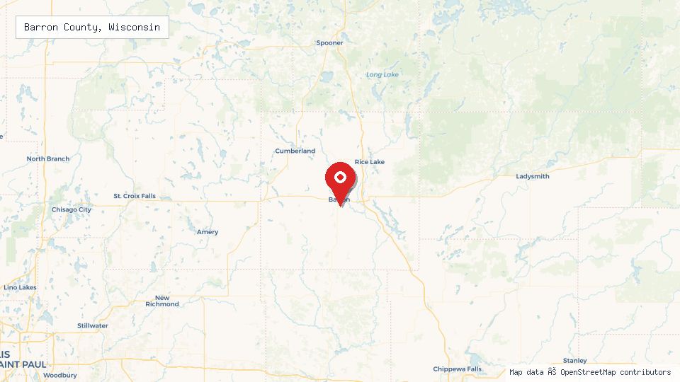 Street map of Barron County, Wisconsin with location pin