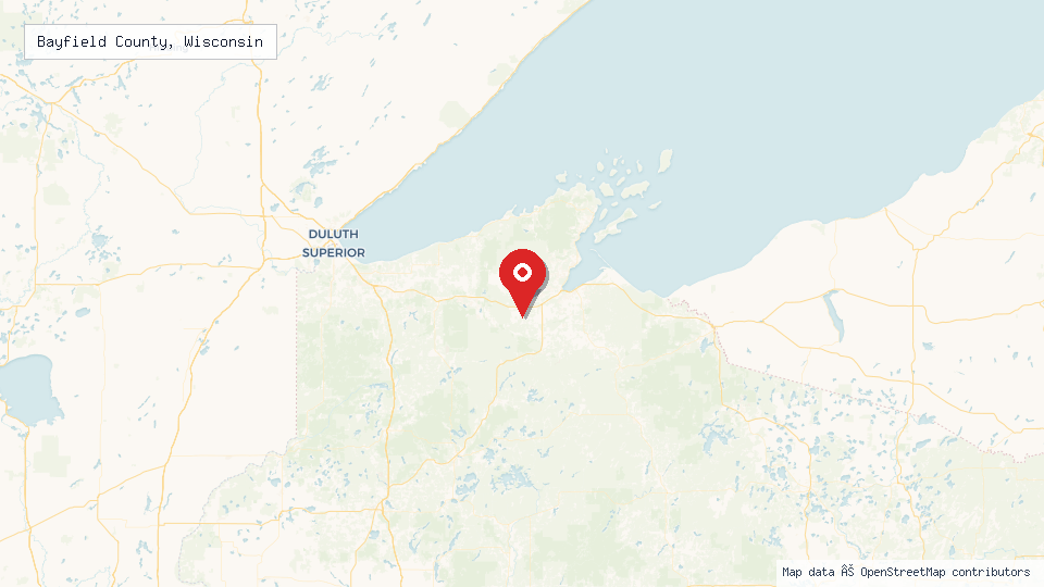 Street map of Bayfield County, Wisconsin with location pin