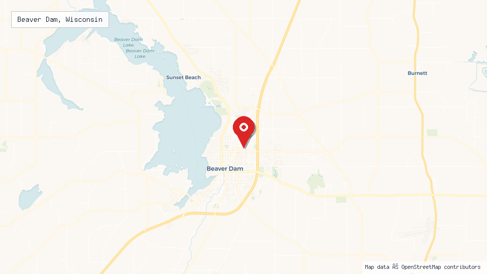 Street map of Beaver Dam, Wisconsin with location pin
