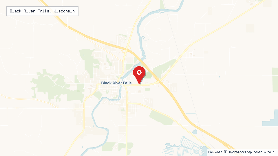 Street map of Black River Falls, Wisconsin with location pin