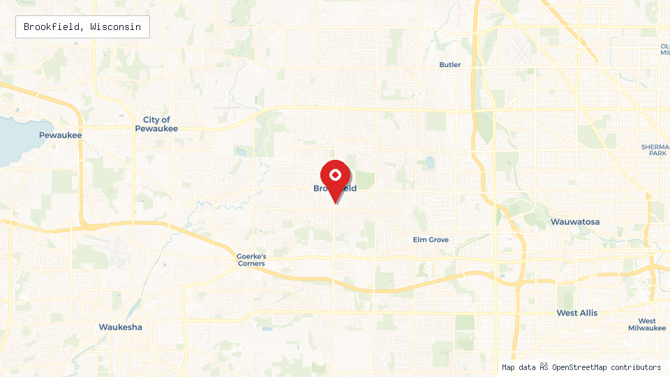 Street map of Brookfield, Wisconsin with location pin