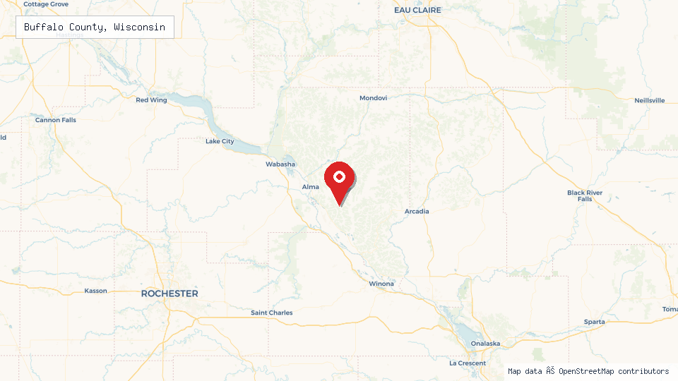 Street map of Buffalo County, Wisconsin with location pin