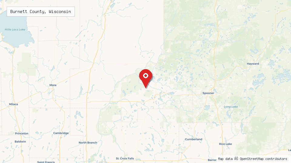 Street map of Burnett County, Wisconsin with location pin