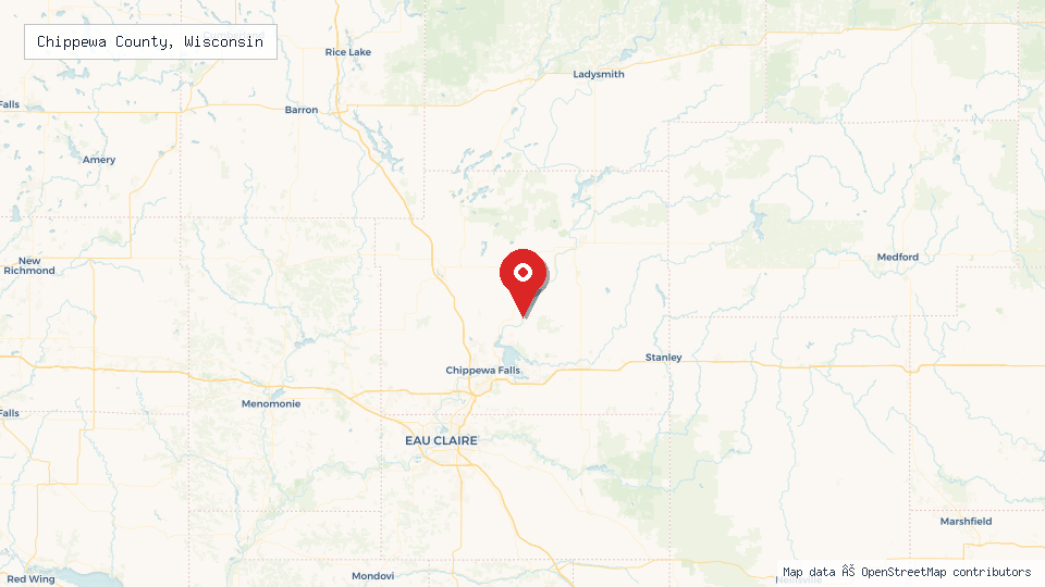 Street map of Chippewa County, Wisconsin with location pin