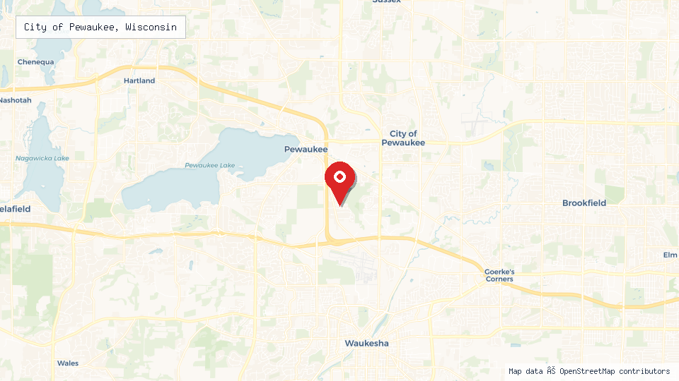 Street map of City of Pewaukee, Wisconsin with location pin
